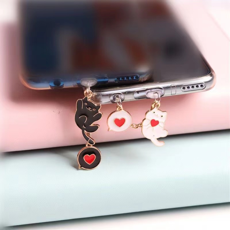 cute dây đeo điện thoại Hình Mèo Tình yêu nút bịt cổng sạc điện thoại dễ thương chống bụi móc khóa iphone samsung oppo type c Phụ Kiện Trang Trí