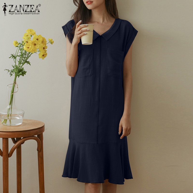 Đầm ZANZEA ngắn tay cổ bẻ form rộng phối bèo thời trang nữ tính