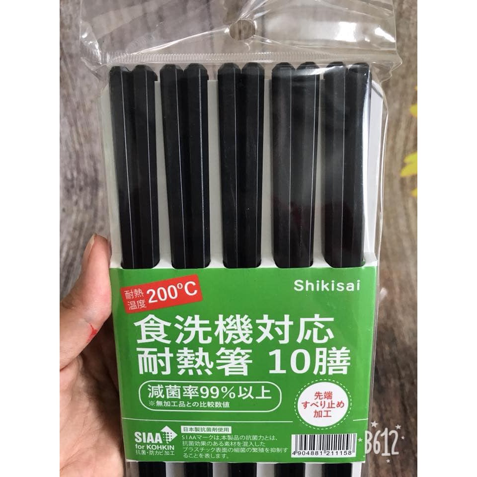 [ 10 đôi ] đũa Nhật Bản Shikisai lục giác xanh lá - đũa nhựa kháng khuẩn Kikkoman nhãn vàng chịu nhiệt chống trơn trượt