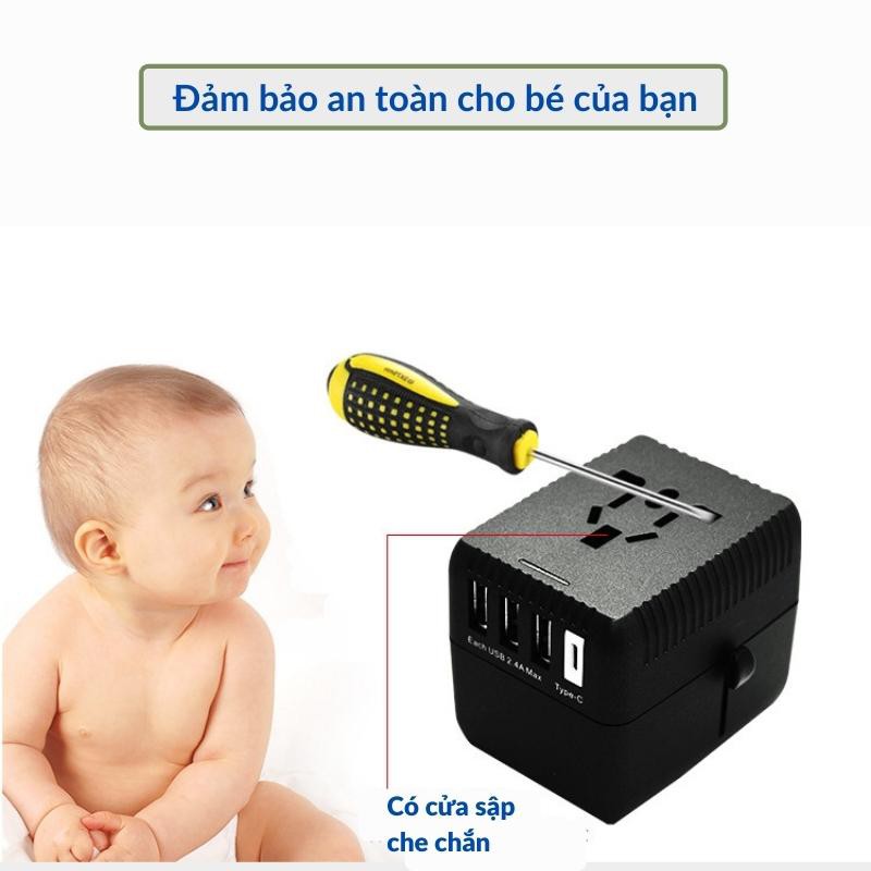 Ổ Cắm Điện Đa Năng Thông Minh Phích Cắm Chuyển Đổi Với 3 Cổng USB + 1 Cổng Sạc Nhanh Type C / Type-C PD Bugu HHT528