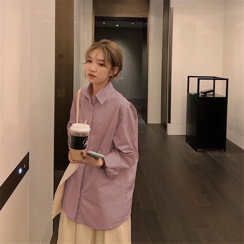 Áo sơ mi nữ tay dài dáng rộng màu trơn phong cách Hàn Quốc thời trang mùa xuân mới 2021 | BigBuy360 - bigbuy360.vn