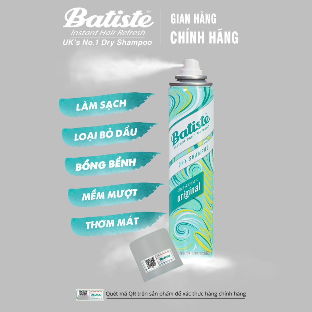 Dầu Gội Khô Batiste Dry Shampoo 200ml Hết Ngứa, Hết Bết Dính Tóc Thơm Mượt Bồng Bềnh Tức Thì