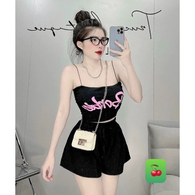 Set bộ mặc nhà 2 dây in chữ Barbie siêu cưng