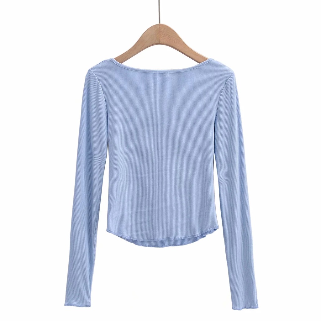 DUNEA Áo Thun Dài Tay Cổ Vuông Phối Hàng Nút Gợi Cảm Cho Nữ