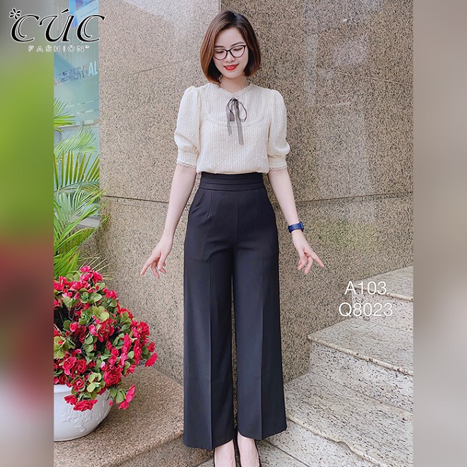 Áo sơ mi nữ công sở cao cấp Cúc Fashion A103 áo somi cộc viền u nơ đen