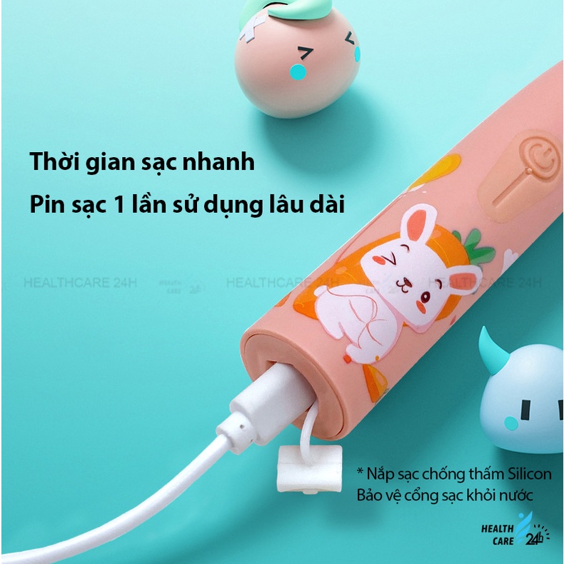 Bàn chải điện cho bé 4 chế độ đánh sạch răng, chải tự động, sạc USB kèm 6 đầu lông mềm cho bé từ 3t Healthcare24h D001