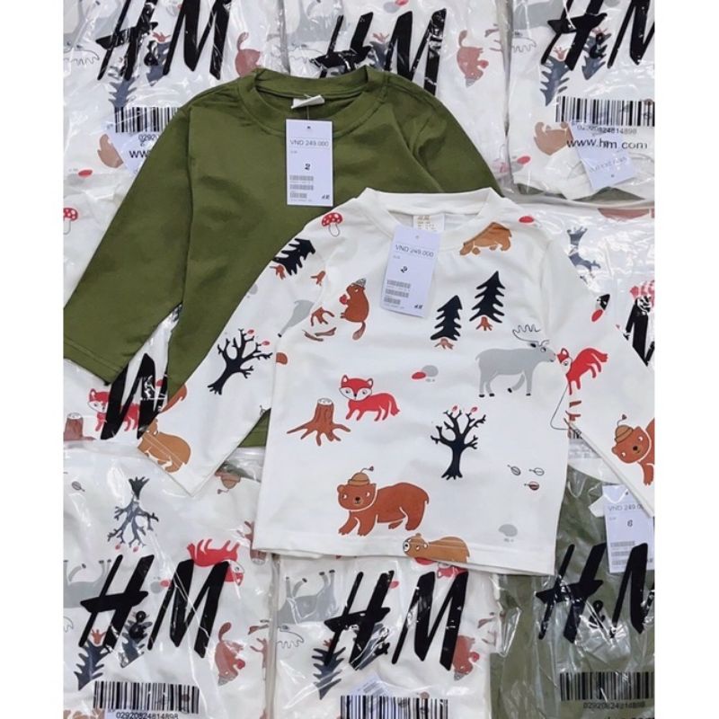 set 2 áo dài tay in hình xanh và trắng cho bé trai bé gái chất cotton