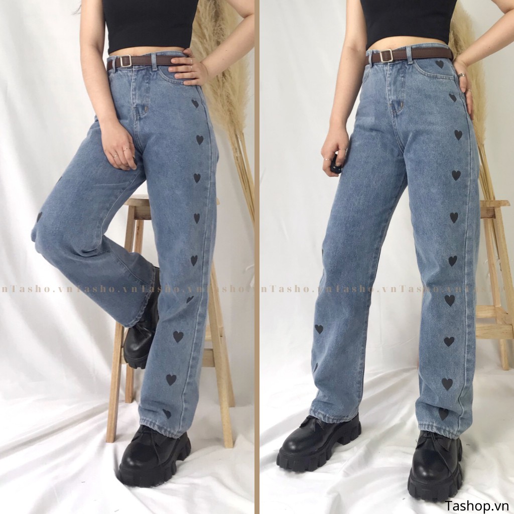 Quần Jean Nữ Ống Đứng Suông Rộng Hoạ Tiết TRÁI TIM Dài 98CM - 525