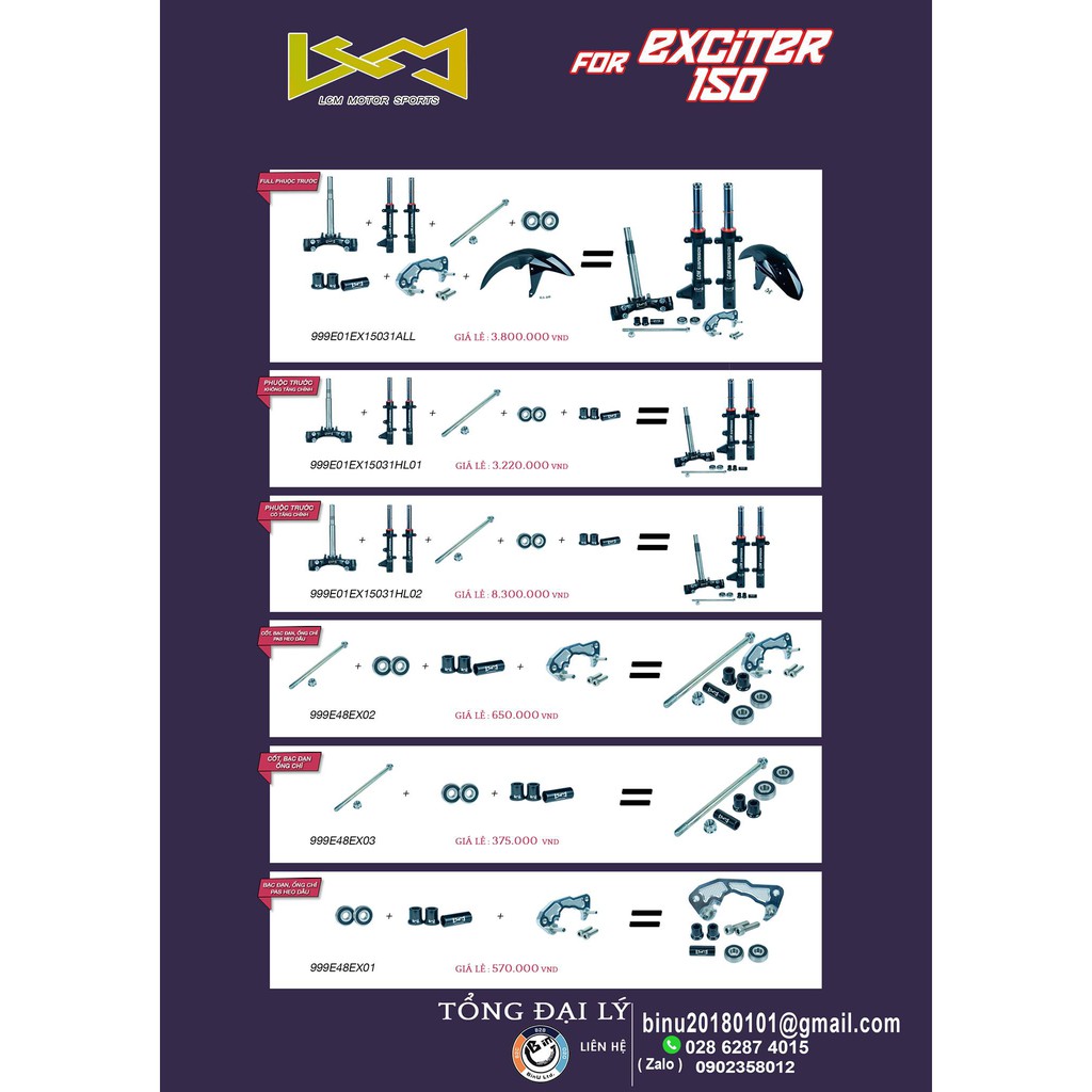 FULL COMBO PHUỘC LCM CHO EXCITER135/150 MÀU TITAN TY 31MM