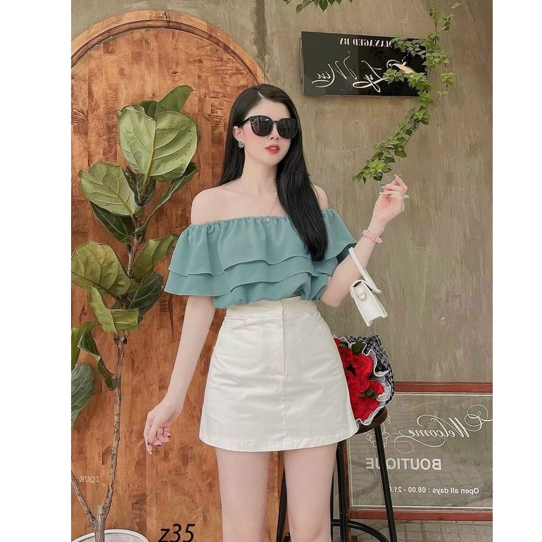 Sét bộ đồ nữ áo bèo lai trễ vai xếp tầng phối chân váy giúp nàng nổi bật đi chơi, dự tiệc