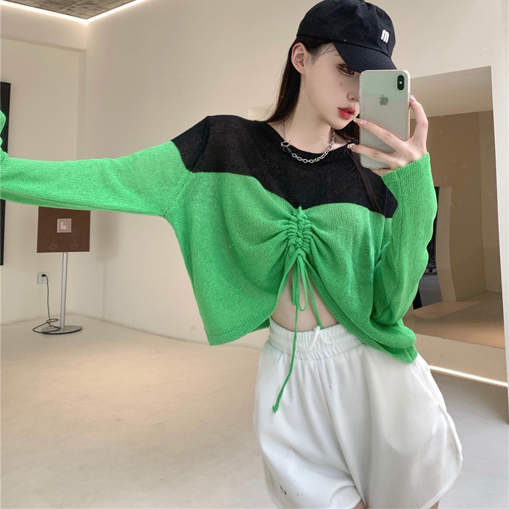 Áo Sweater Dệt Kim Dáng Ngắn Phối Dây Rút Kiểu Hàn Quốc Thời Trang Mùa Thu Cho Nữ