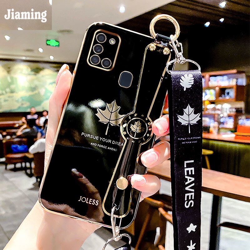 Ốp Điện Thoại Viền Lá Phong Mạ Điện Sang Trọng + Dây Đeo + Giá Đỡ Cho Samsung Galaxy A21S