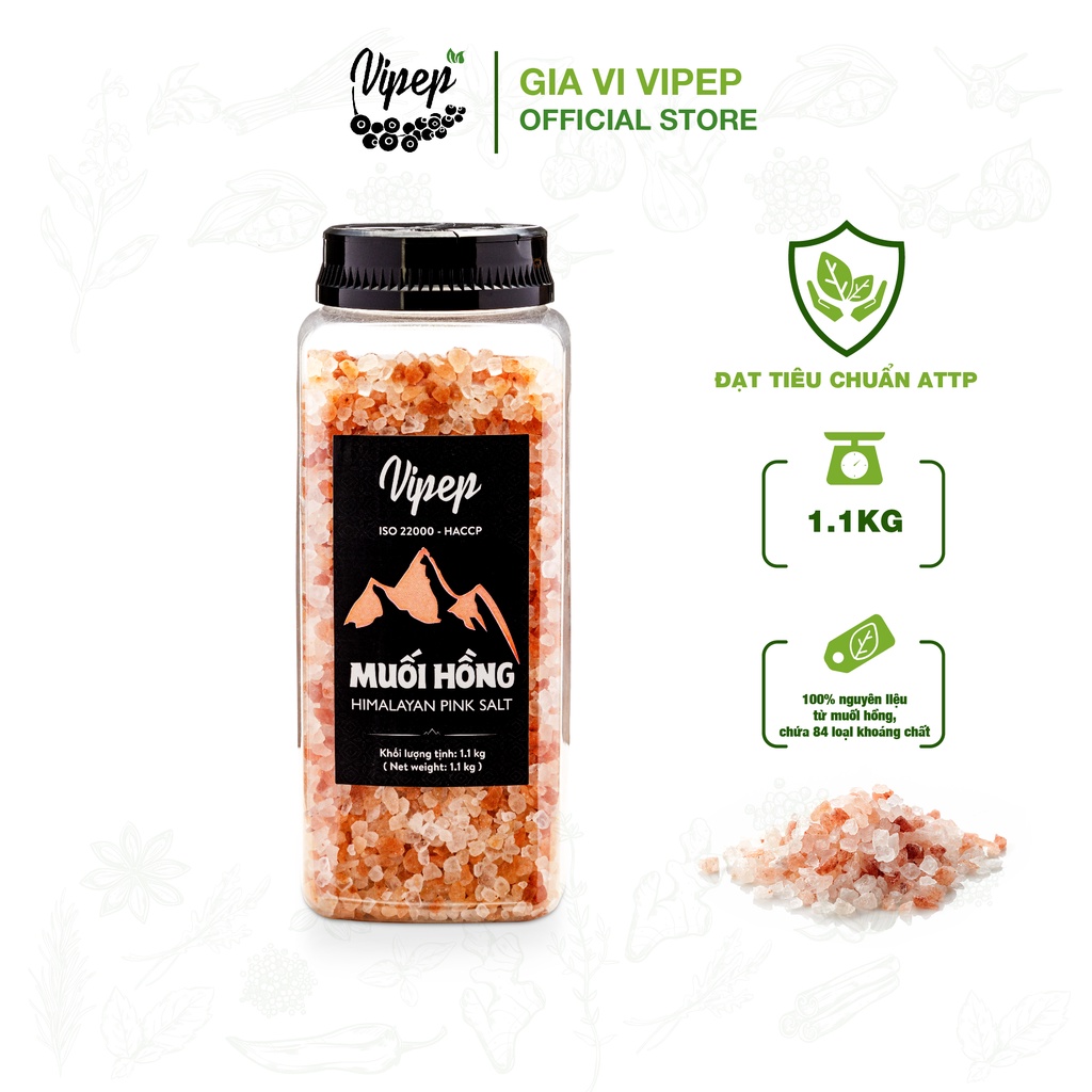 Muối hồng Himalaya nguyên hạt 1,1kg 100% Vipep, không chất tạo màu, gia vị tẩm ướp, nấu canh (hũ lớn tiết kiệm)