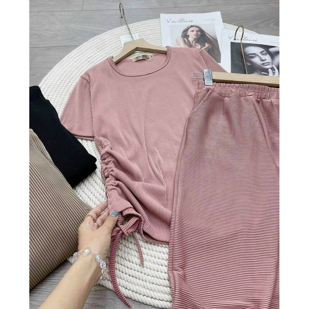 Set Bộ Áo Thun Rút Dây Bên Eo Và Quần Dài