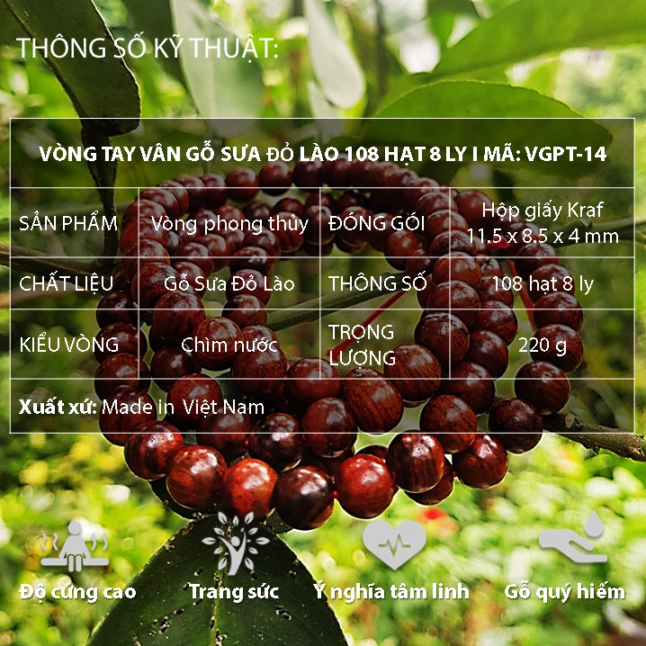 Vòng đeo tay SIÊU VÂN GỖ SƯA ĐỎ LÀO 108 HẠT 8 LY I MÃ: VGPT-14, vòng phong thủy mang vận may và sức khỏe cho gia chủ