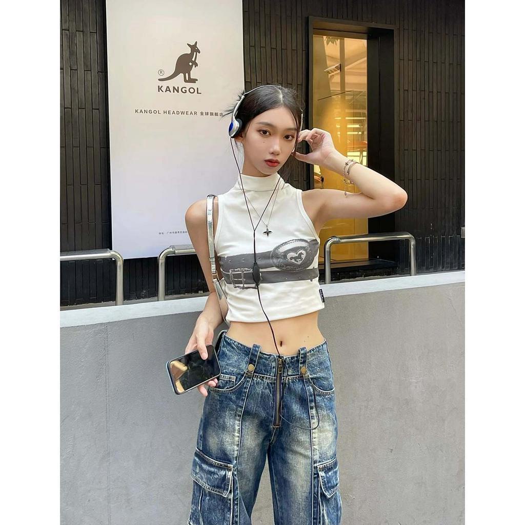 QADCOL Áo Tank Top Cổ Cao Màu Trắng In Họa Tiết Thời Trang Quyến Rũ Kèm Dây Đeo Bên Trong Cho Nữ