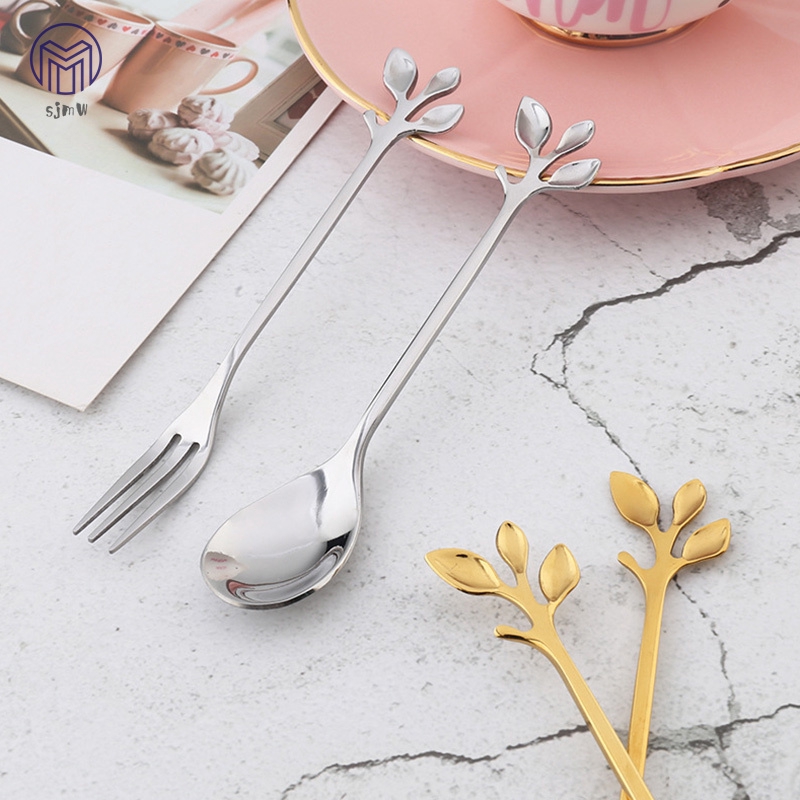 ☆SJMW☆ 1 Pcs Stainless Steel Leaves Spoon Fork Coffee Tea Spoons Ice Cream Dessert Cake
