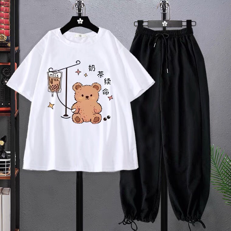 Sét Áo Gấu truyền nước + quần bom đen, Sét bộ Unisex chất đẹp, không xù mặc ở nhà và mặc đi chơi - LEEDA