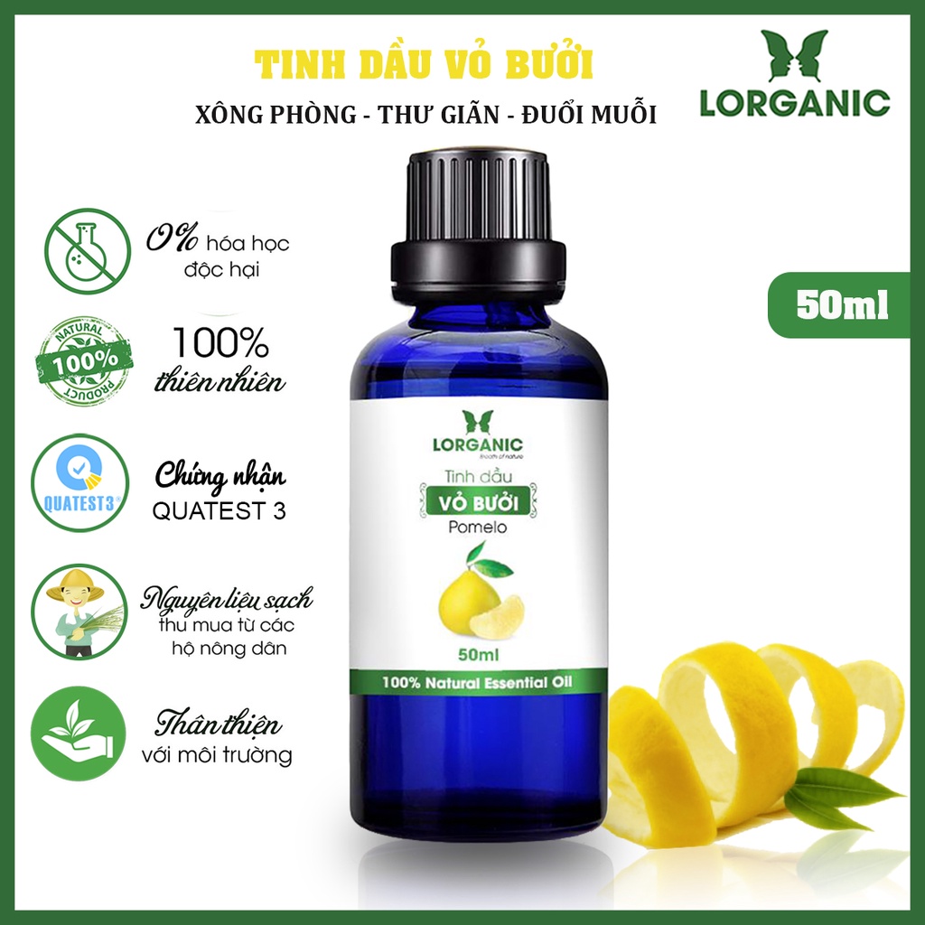 Tinh dầu vỏ bưởi nguyên chất Lorganic Pomelo 100% Natural Essential Oil 10ml, 50ml