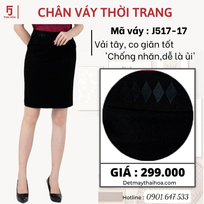 Chân váy Thái Hòa chất đẹp co giãn màu đen trơn J281-17 và đen thêu trang trí J517-17