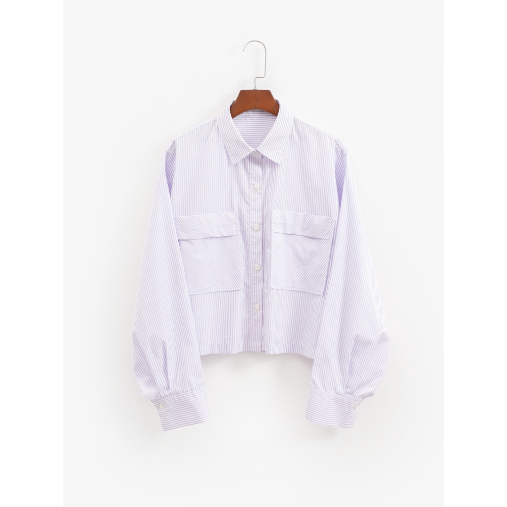 Áo sơ mi dài tay dáng croptop màu kẻ tím và đen MADELEN