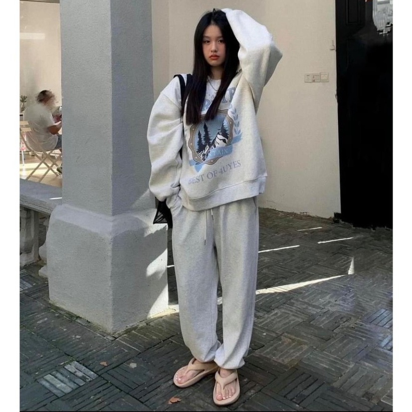 Set Bộ Nỉ Ngoại Sweater Kèm Quần Jogger Set Bộ Dài Tay Kèm Quần Jogger Dáng Rộng Siêu Xinh Màu Xám Mountain - KD