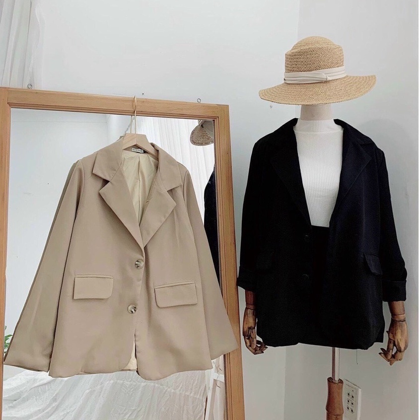 Áo Khoác Blazer Dáng Dài PEONYB Nữ [FREESHIP]  Jacket khaki form rộng màu ĐEN | BE phong cách cá tính Ulzzang