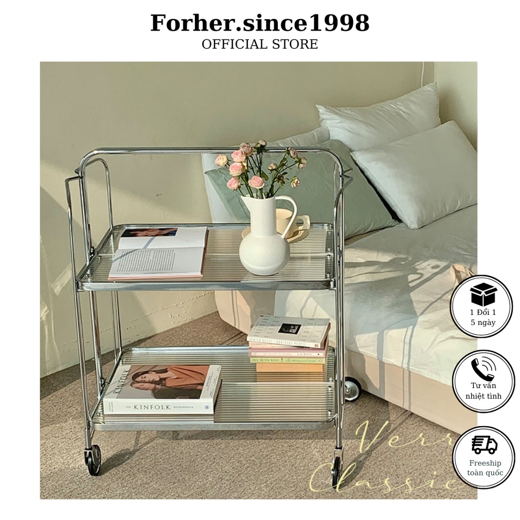 Giá để đồ 2 tầng trong suốt đa năng, có thể gấp gọn, có bánh xe, decor Forher.since1998
