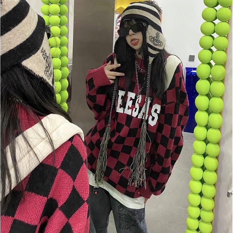 Áo len hoạ tiết bàn cờ hot tiktok douyin ulzzang