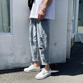 Korean Style Men's Relax Tapered Distressed Jeans In Retro Washed Light Blue With Rips