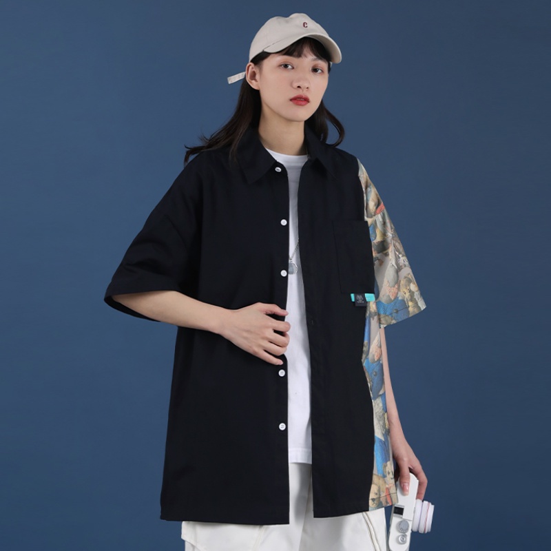 Áo sơ mi ngắn tay phong cách retro Hồng Kông cá tính cho nam và nữ xu hướng Hàn Quốc