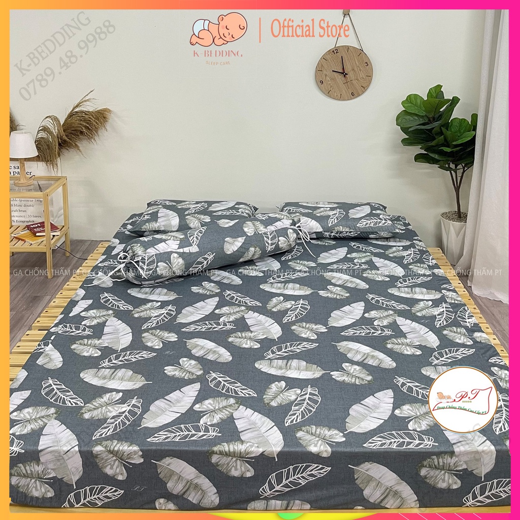 Bộ ga chống thấm cotton cho bé, drap chống thấm nước cao cấp kèm vỏ gối đầu và vỏ gối ôm mềm mịn mát (mẫu lá môn)