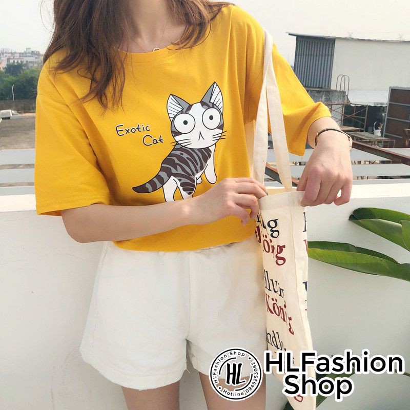 Áo thun tay lỡ form rộng Exotic Cat mèo ngây thơ, áo phông form rộng size HLFashion