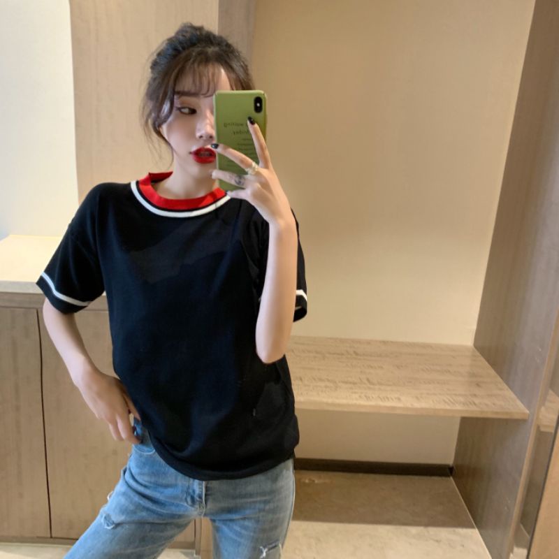 Áo Thun Nữ Hàng Quảng Châu Chất Dệt Kim Mềm Co Giãn Phối Viền Cổ Đẹp Cute