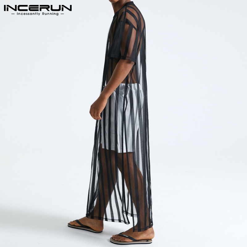 INCERUN Mens Sexy Transparent Striped Round Neck Short Sleeve Long Tops