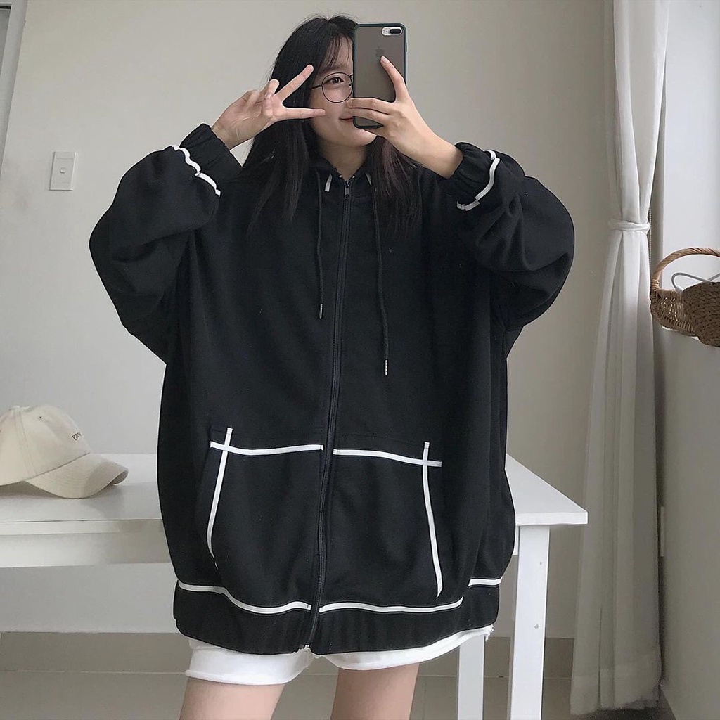 Áo Khoác Nỉ Khóa Zip Oversize Kẻ Viền Túi - Hoodie dáng thụng form rộng dài tay, kiểu dáng basic, thiết kế trẻ trung | WebRaoVat - webraovat.net.vn