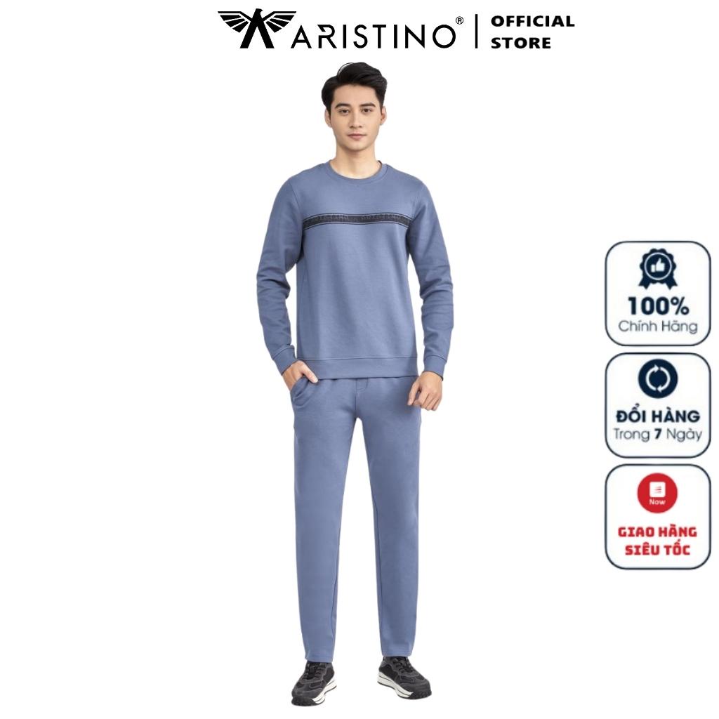 Bộ Đồ Dài Thu Đông Mặc Nhà Nam ARISTINO ALH012W2 Vải Cotton Màu Xanh Dáng Suông Áo Cổ Tròn Bo Cổ Gấu Tay Quần Cạp Chun