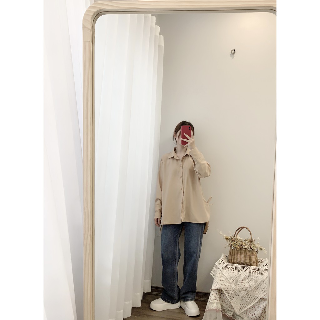 áo sơmi freesize vạt đuôi tôm 2 màu nâu, trắng (ảnh thật/hàng sẵn) | BigBuy360 - bigbuy360.vn