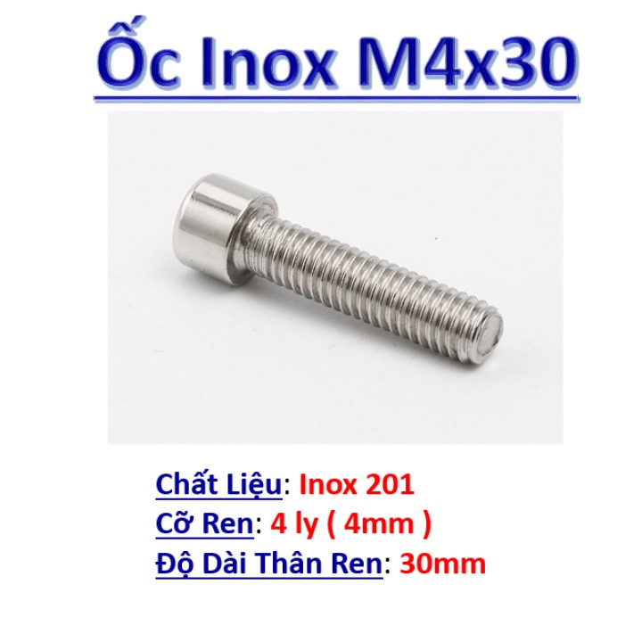 [20 cái] Ốc lục giác chìm 4ly, bulong (bu lông) inox 201 M4, vít chốt dài 14mm, 20mm, 30mm