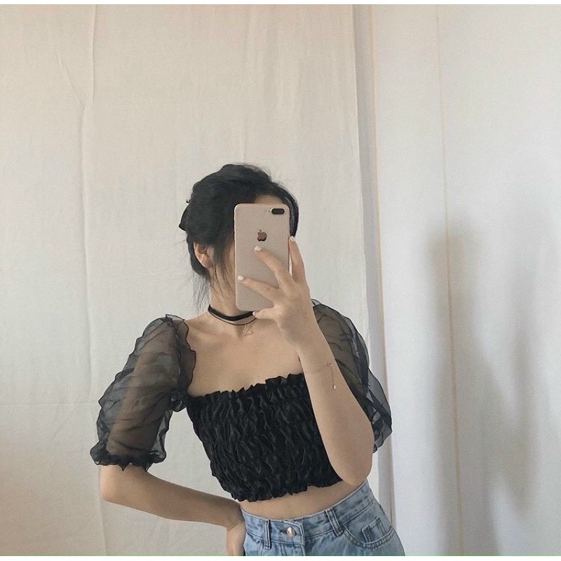 Áo ống nhúm màu phi lụa trễ vai tay đứt crt ôm dáng chất voan kiếng sang chảnh