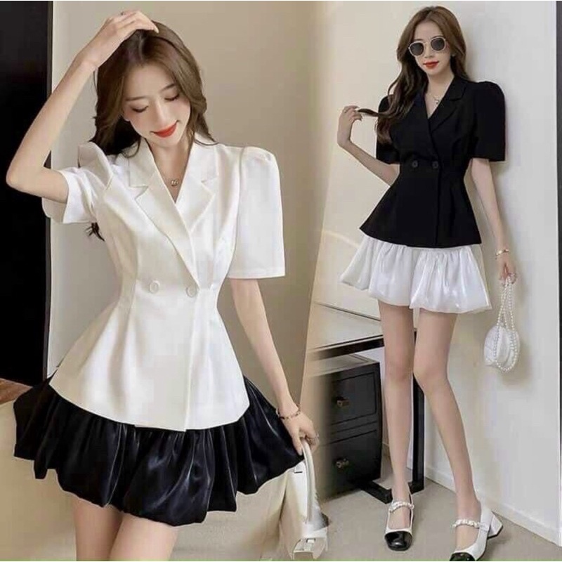 Set Áo Cổ Vest Mix Chân Váy Tơ Bồng Trắng Đen Sinita ST196