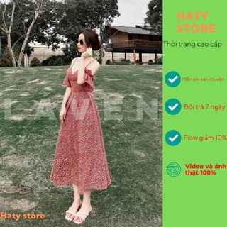 đầm váy hoa nhí tiểu thư hai dây tay bèo DXH1 dáng xòe maxi đi biển màu đỏ, lụa cao cấp mềm mại thời trang HATY SHOP