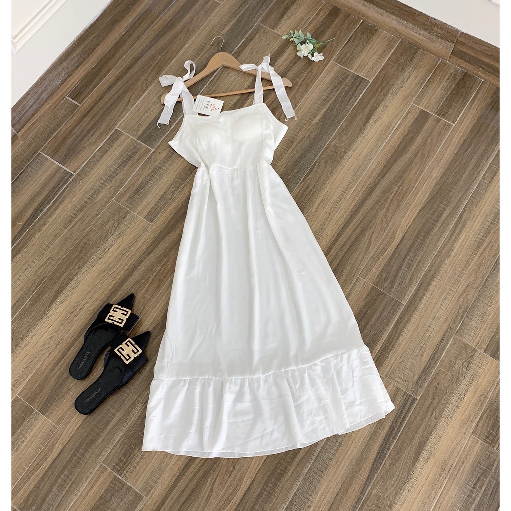 Váy Hai Dây Thắt Nơ Đuôi Cá 🎁 Nana's House - FREESHIP 🎁 Đầm babydoll dáng dài màu trắng basic,kiểu dáng bánh bèo Ulzzang