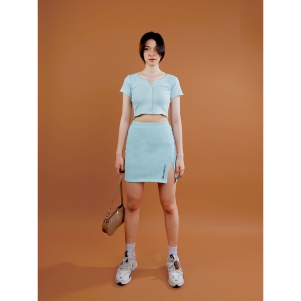 Set croptop chân váy thun gân màu baby blue/ xanh rêu siêu đẹp