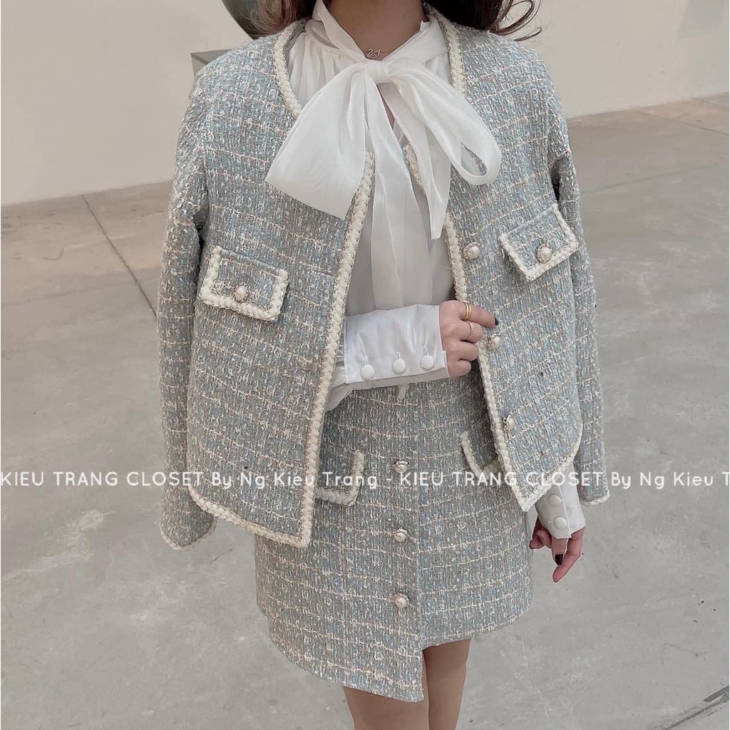Áo khoác dạ tweed, Ao dạ tweed kèm chân váy thiết kế phong cách Hàn Quốc