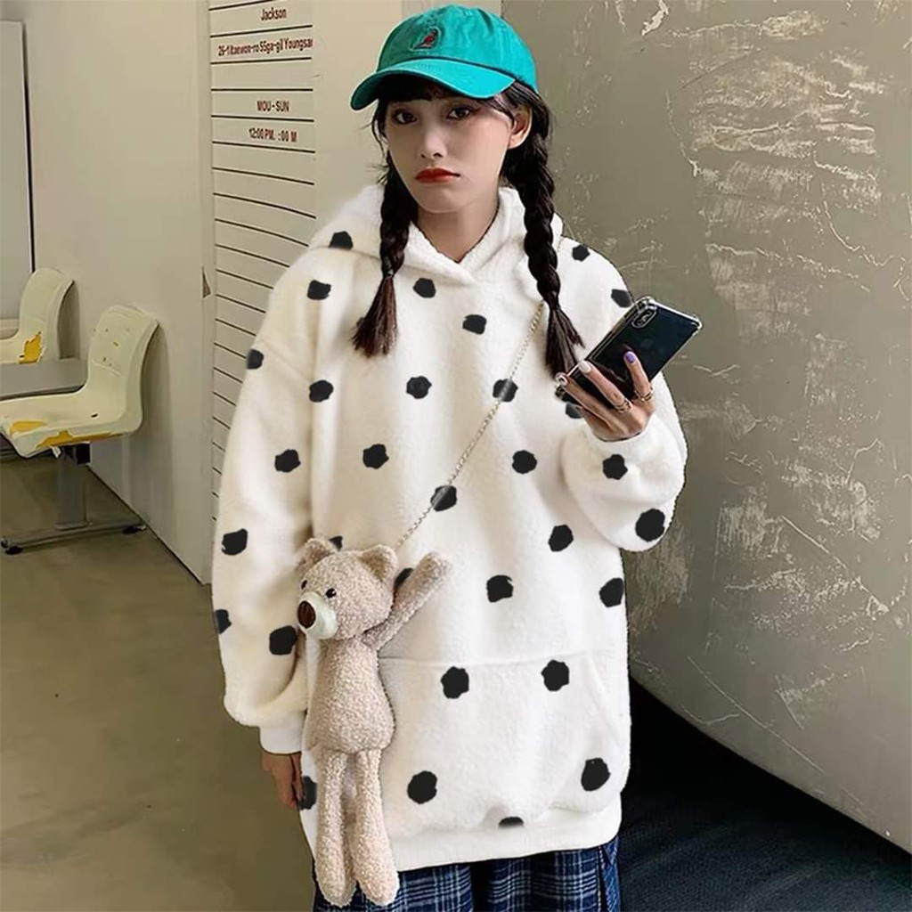 (Tặng Gấu Bông 35k) Set Áo Hoodie Nữ Tai Gấu Chó Đốm mix Gấu Teddy Đeo Chéo Màu Trắng Đen ulzzang | BigBuy360 - bigbuy360.vn