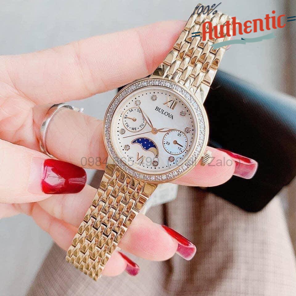 Đồng Hồ Nữ Bulova Diamond Moonphase Day Date Ladies Gold 98R224