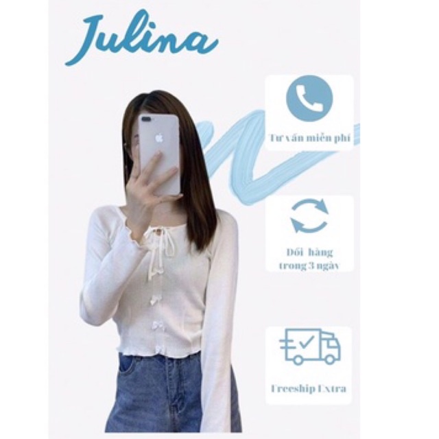 Áo len nữ dài tay Julina đính nơ điệu đà phong cách Hàn Quốc áo len thu đông dáng ngắn cổ vuông trẻ trung điệu đà
