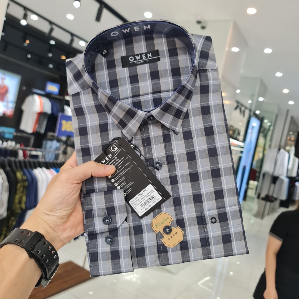 Áo Sơ Mi Nam Dài Tay Owen AR23217D Somi Công Sở Cao Cấp Màu Kẻ Caro Xám Dáng Suông có Túi Chất Sợi Tre Mềm Mát | BigBuy360 - bigbuy360.vn