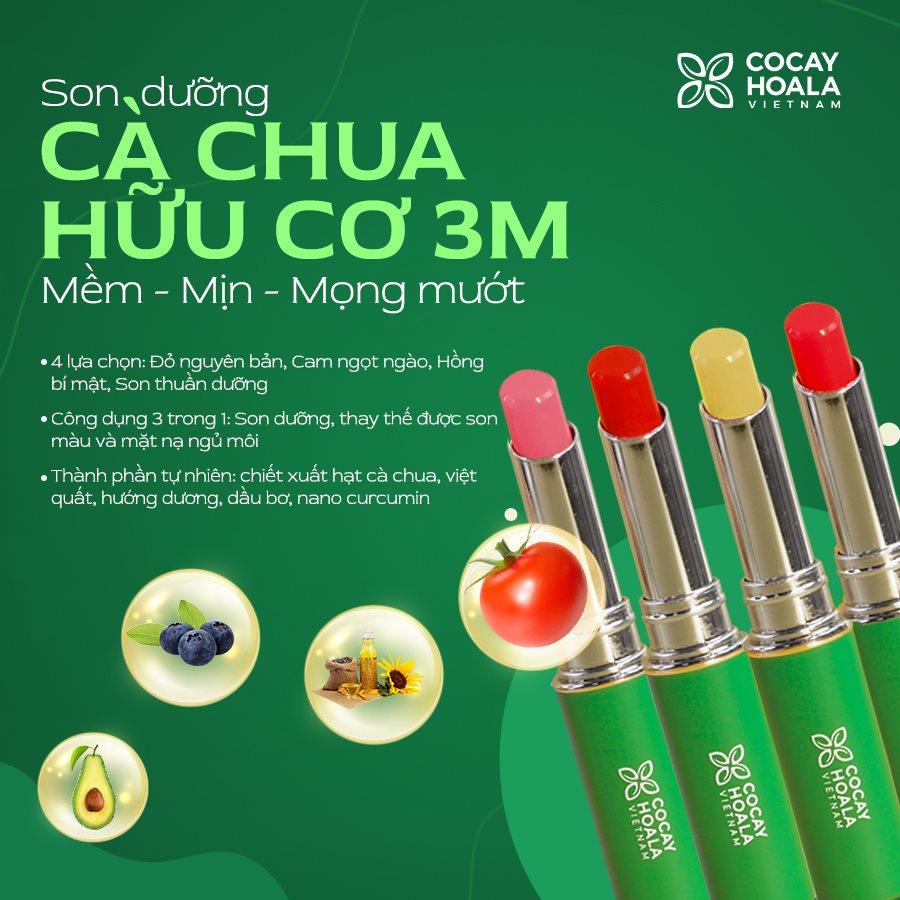 Son dưỡng cà chua hữu cơ 3M mềm mịn mọng mướt Cỏ cây hoa lá - Dưỡng môi an toàn cho mẹ bầu, mẹ sau sinh 1.5g